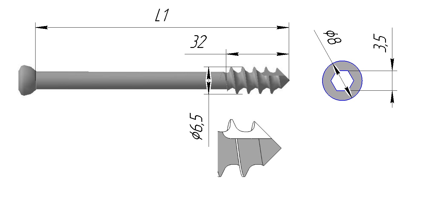 Винт спонгиозной, тип 2, тип 2К, L2 =32 мм